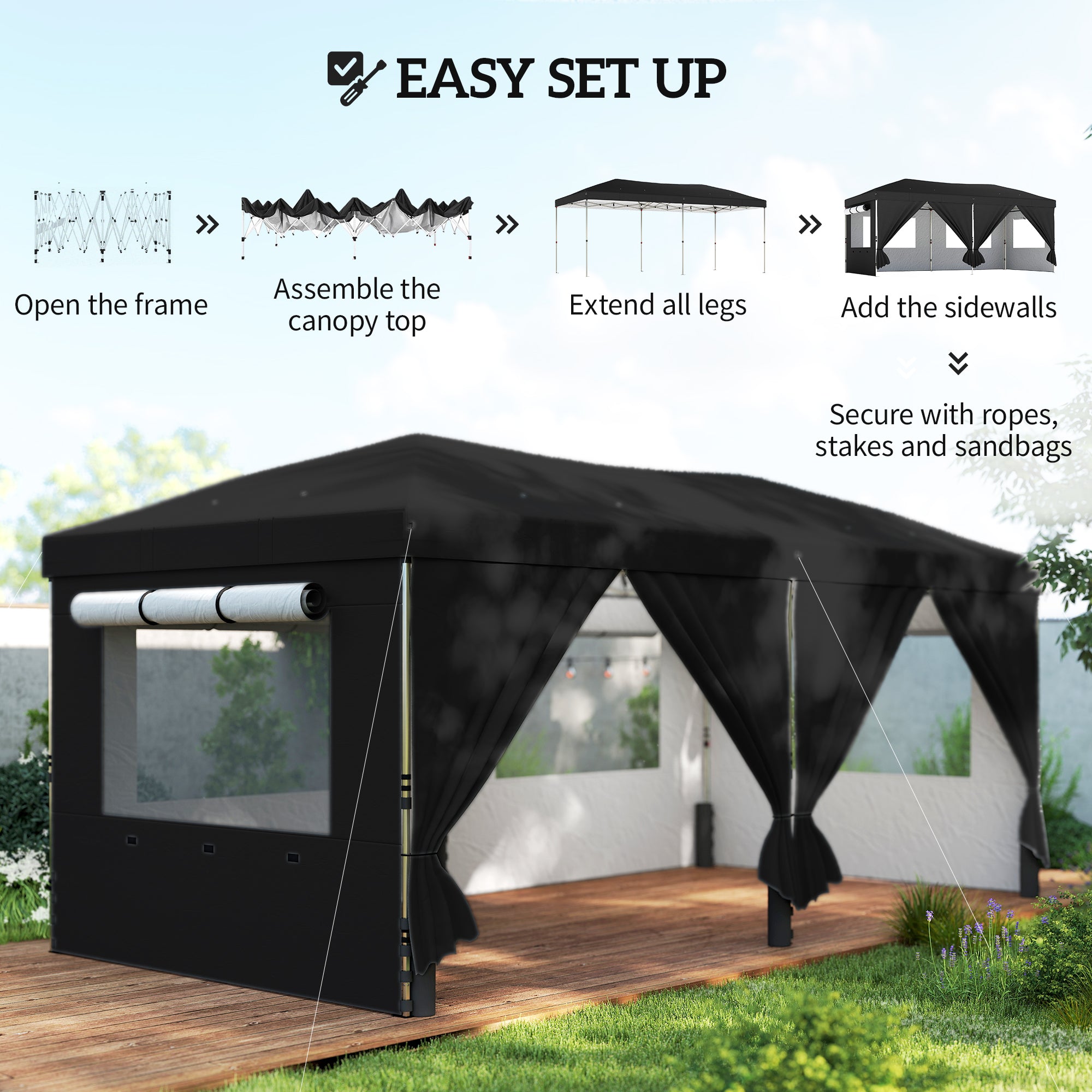 Outsunny 3 x 6 m Pop Up Canopy with UV50+ Protection Garden Gazebo with 6 Sidewalls, Black 