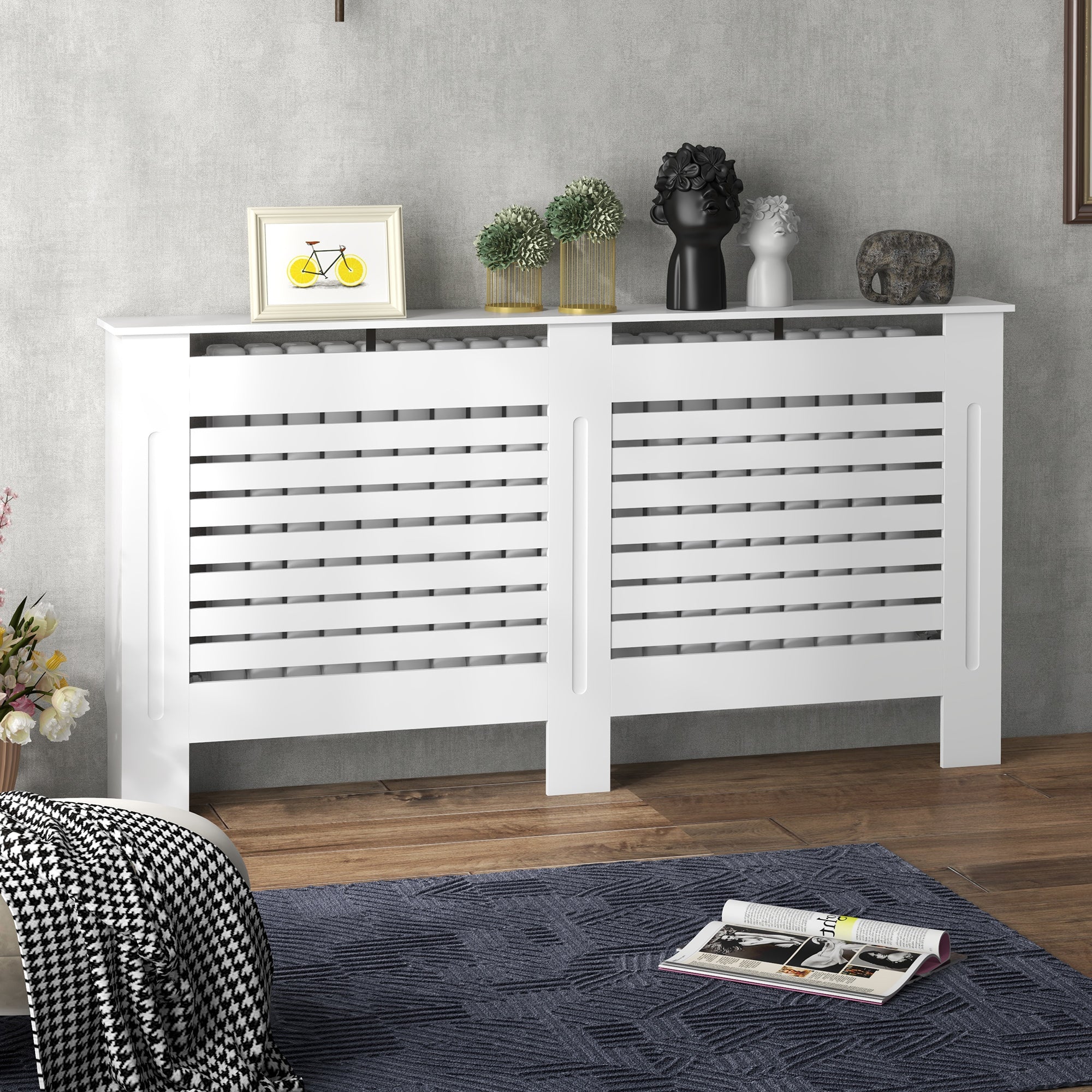 HOMCOM Radiator Cover, Modern MDF White Painted Cabinet with Horizontal Slats for Living Room, Bedroom, 152L x 19W x 81H cm 