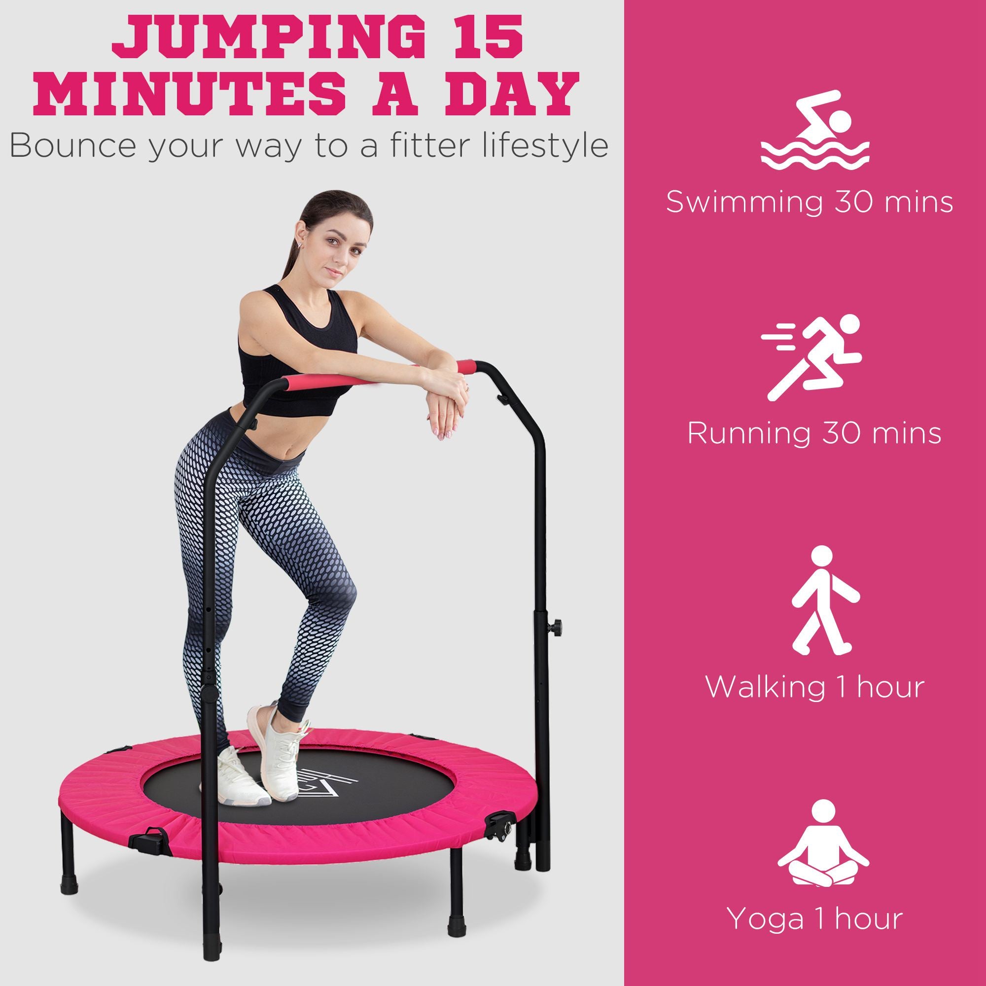 HOMCOM 40" Foldable Mini Fitness Trampoline, with Adjustable Foam Handle, Pink 