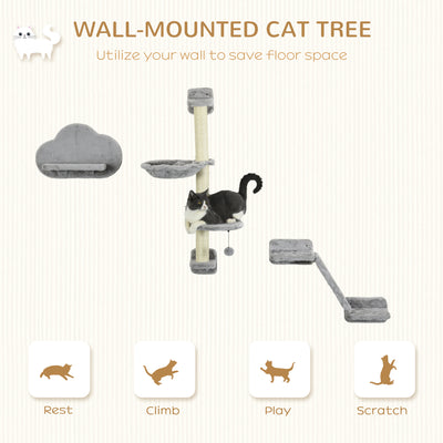 PawHut Three-Piece Wall-Mounted Cat Shelves, with Hammock, Ladder, Platforms, Scratching Post - Grey 