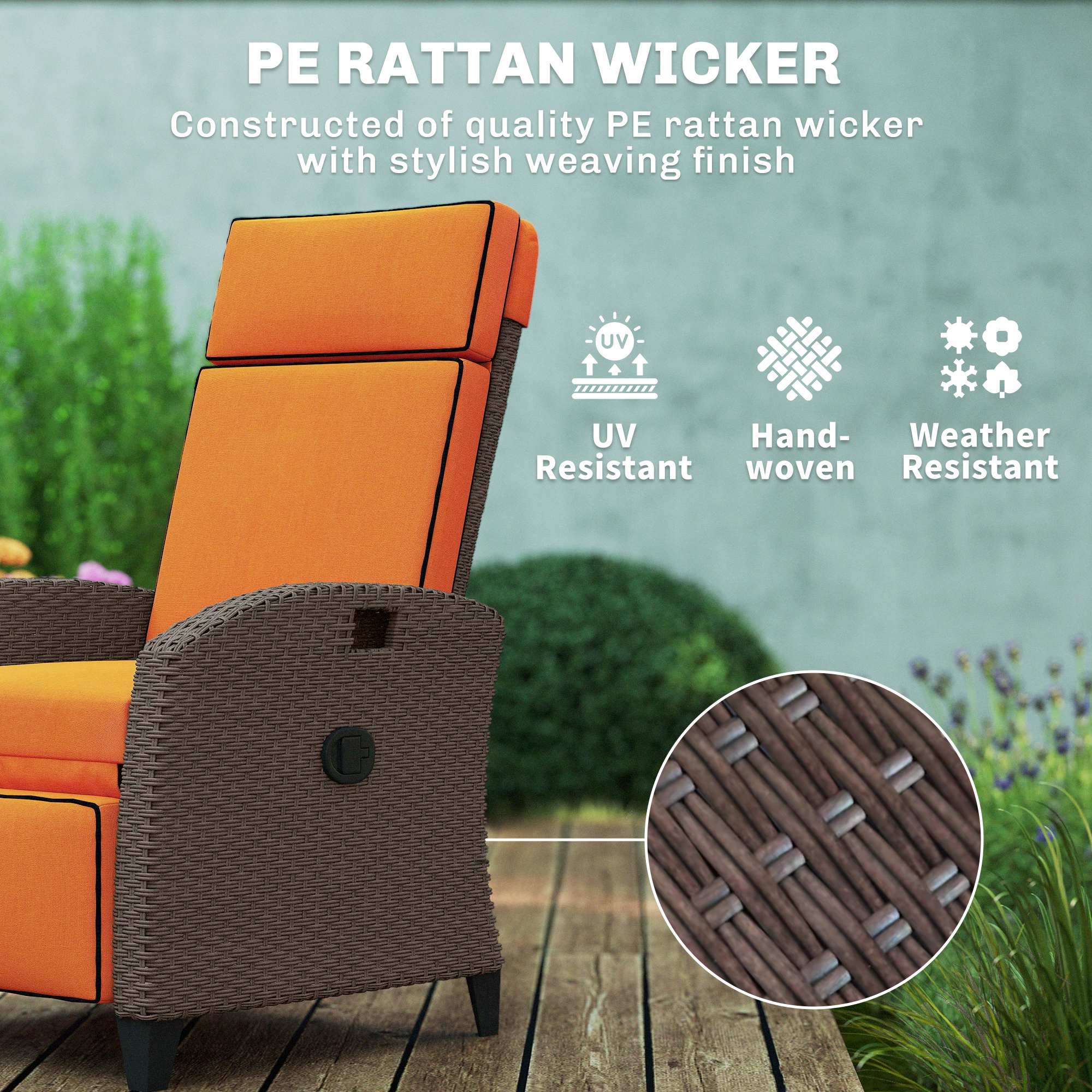 Outsunny Garden Recliner with Cushion, Outdoor Recliner Chair with Adjustable Backrest & Footrest, Side Tray, Orange 