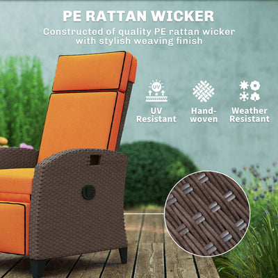 Outsunny Garden Recliner with Cushion, Outdoor Recliner Chair with Adjustable Backrest & Footrest, Side Tray, Orange 
