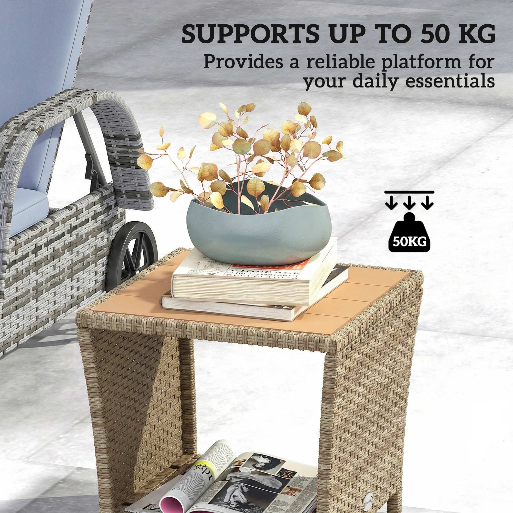 Outsunny Side Table 2-Tier Outdoor Coffee Table with Storage Shelf PS Wood Slat Top/Khaki 