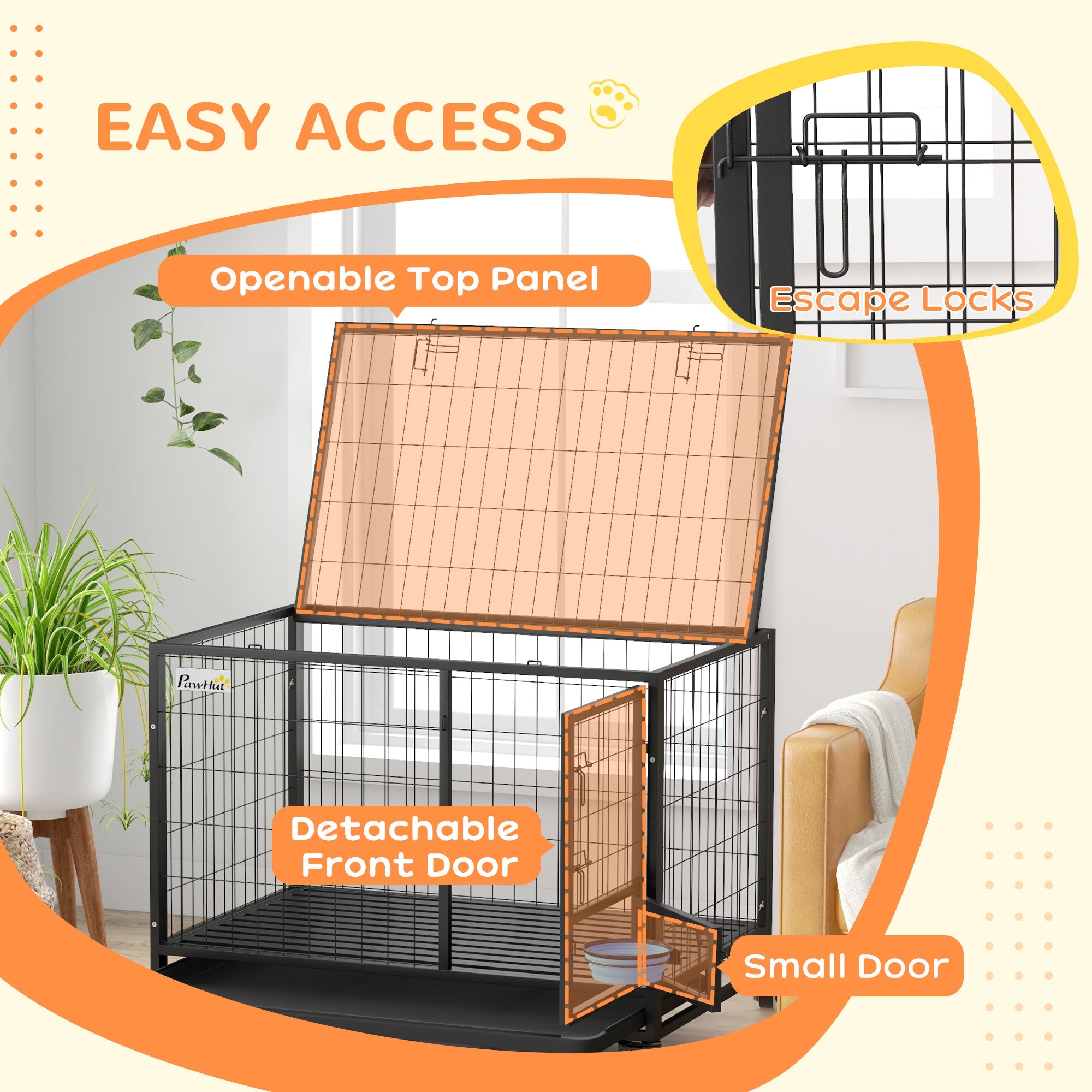 PawHut Heavy Duty Dog Crate on Wheels w/ Bowl Holder, Removable Tray, Openable Top, Detachable Door, for L, XL Dogs 