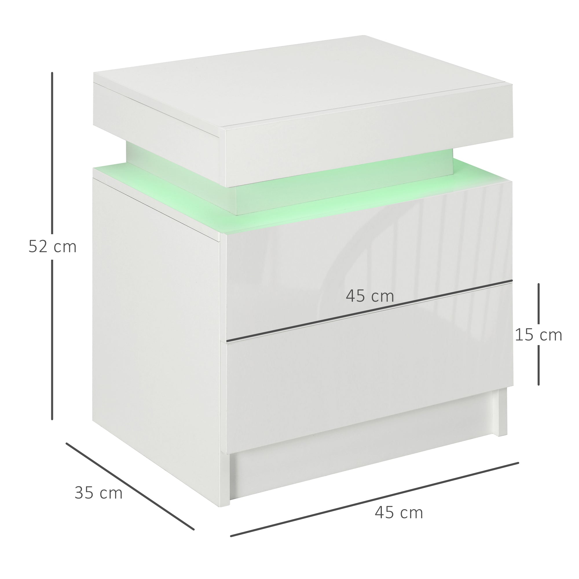 HOMCOM White Bedside Table with LED Light, High Gloss Front Nightstand with 2 Drawers, for Living Room, Bedroom 