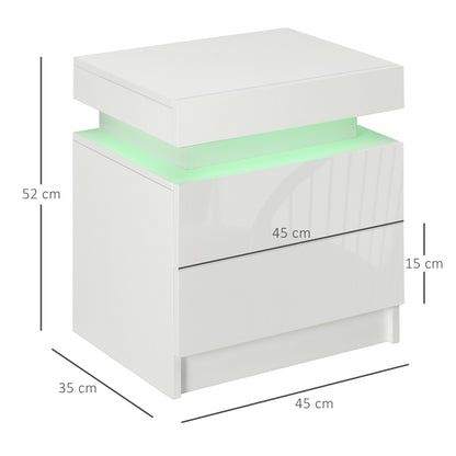 HOMCOM White Bedside Table with LED Light, High Gloss Front Nightstand with 2 Drawers, for Living Room, Bedroom 