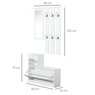 HOMCOM 2PC Shoes Storage Chest Cloths Rack Unit w/Mirror Multiple Shelves Large Storage Capacity Shoes Cabinet 6 Hooks Cloth Rack White 