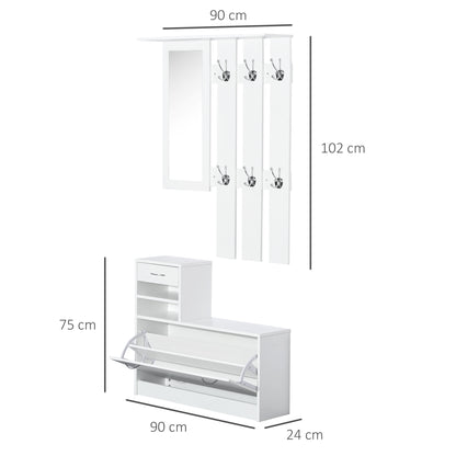 HOMCOM 2PC Shoes Storage Chest Cloths Rack Unit w/Mirror Multiple Shelves Large Storage Capacity Shoes Cabinet 6 Hooks Cloth Rack White 