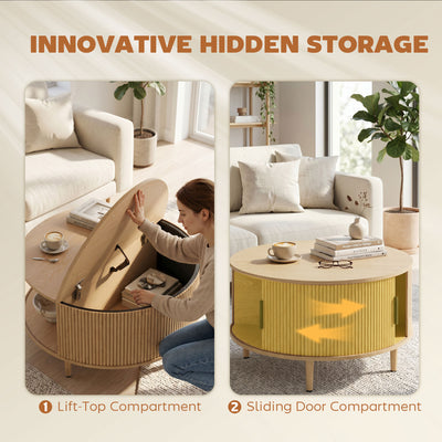HOMCOM Coffee Table with Lift Top and Hidden Storage, Round Centre Table with Fluted Sliding Door, 80 cm, Natural Wood