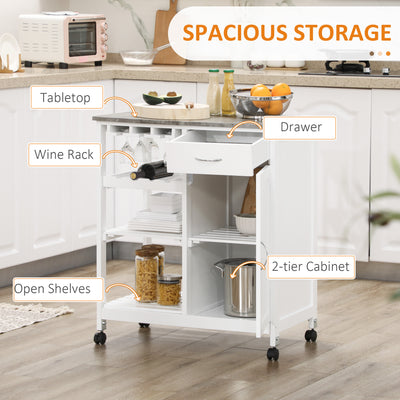 HOMCOM Compact Kitchen Trolley Utility Cart on Wheels with Wine Rack, Drawer, Open Shelf and Storage Cabinet for Dining Room, White 