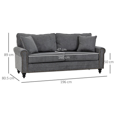 HOMCOM 3 Seater Sofas for Living Room, Fabric Sofa with Felt Mats, Cushions and Pillows, Grey 