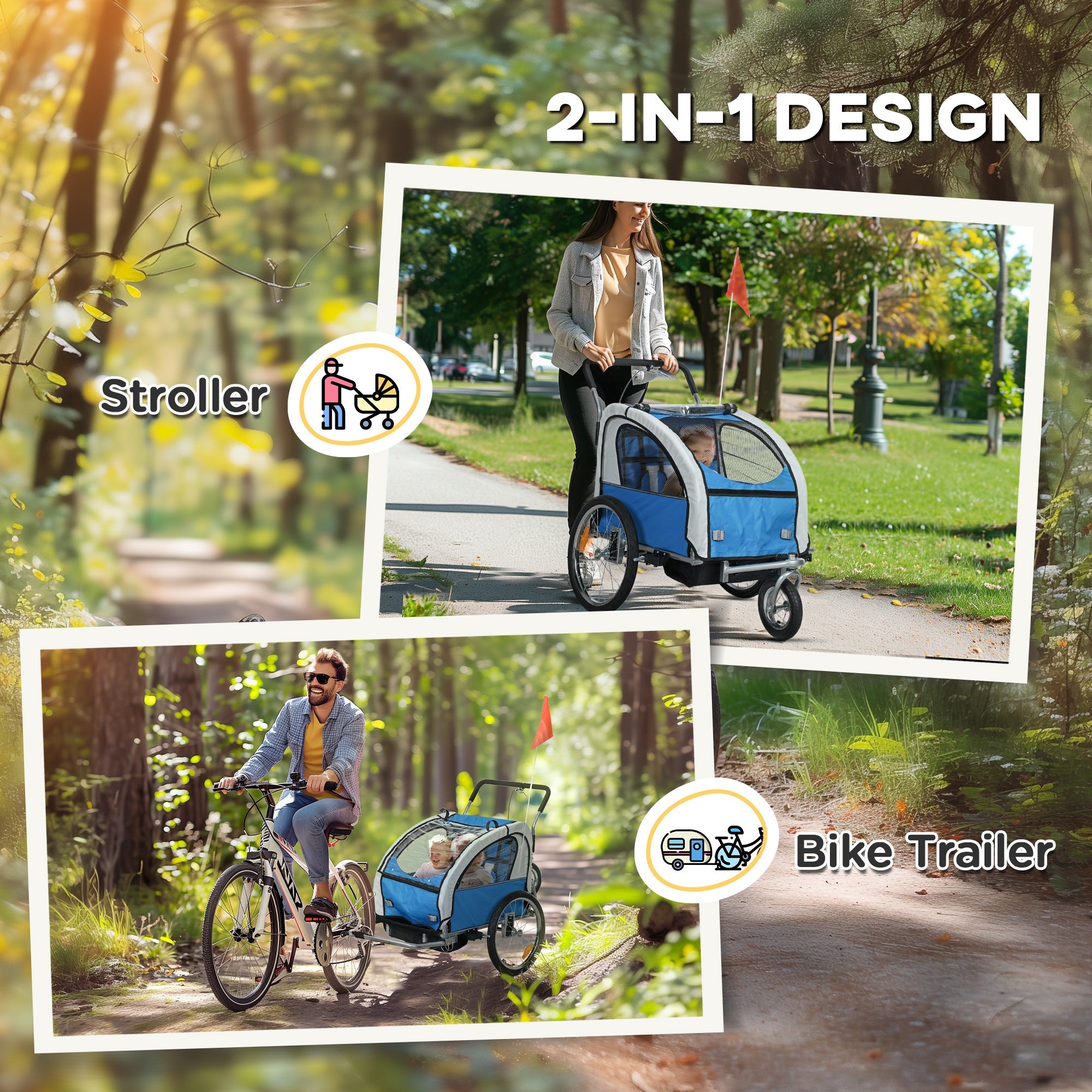 HOMCOM 2 Seat Bike Trailer with 5 Point Harness, Baby Bike Stroller with Safety Flag, Reflectors, for 18+ Months, Blue 
