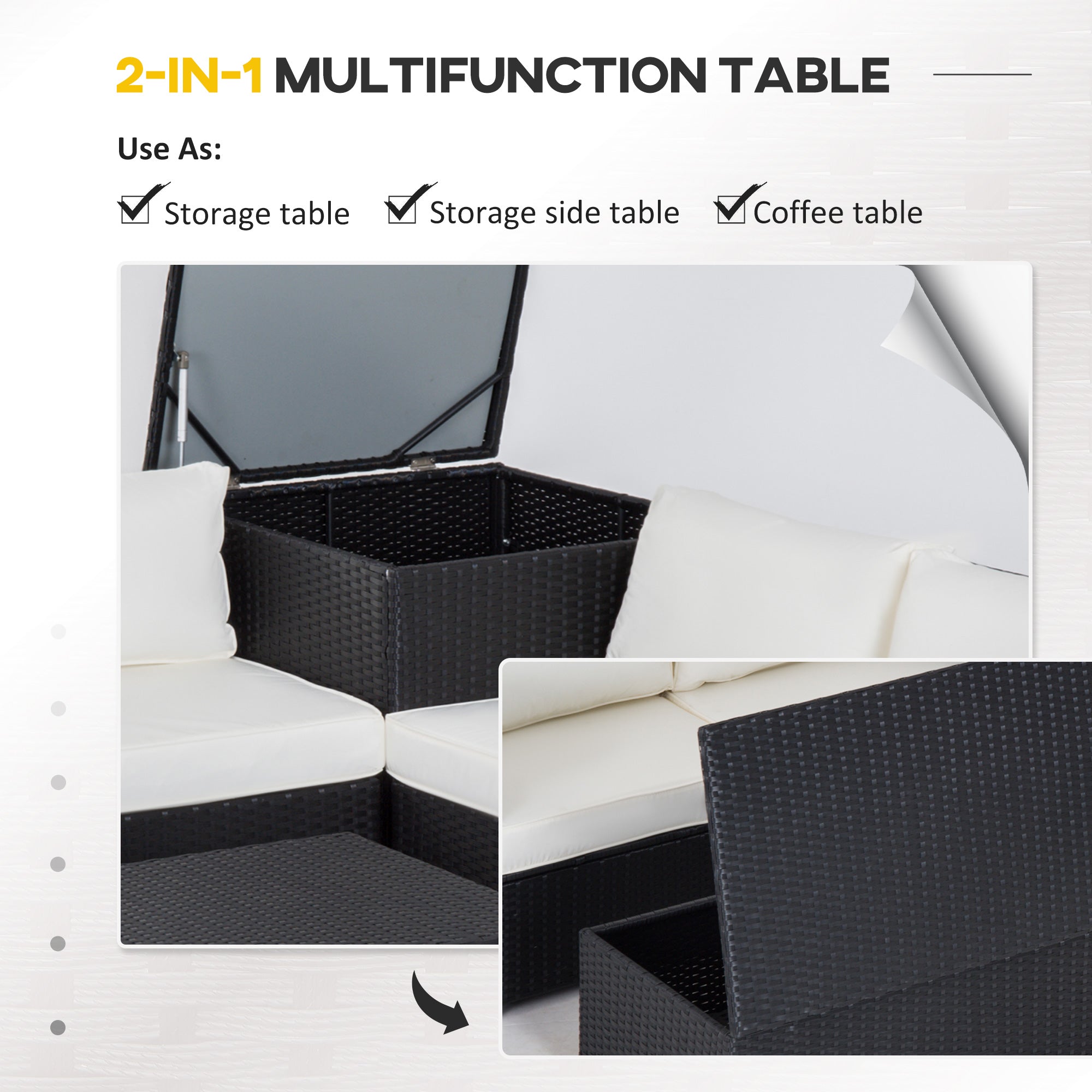 Outsunny 6 Pieces Rattan Garden Furniture Set, 4 Seater Wicker Garden Corner Sofa Set with 2 Storage Tables and Loveseats, Outdoor Conversation Furniture with Cushions for Conservatory, Patio, Black 
