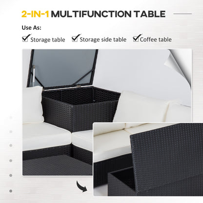 Outsunny 6 Pieces Rattan Garden Furniture Set, 4 Seater Wicker Garden Corner Sofa Set with 2 Storage Tables and Loveseats, Outdoor Conversation Furniture with Cushions for Conservatory, Patio, Black 