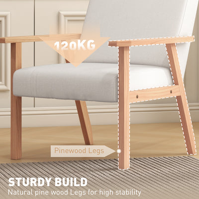 HOMCOM Accent Chair Wood Frame with Thick Linen Cushions Wide Seat Armchair Home Furniture Bedroom Office Cream White 
