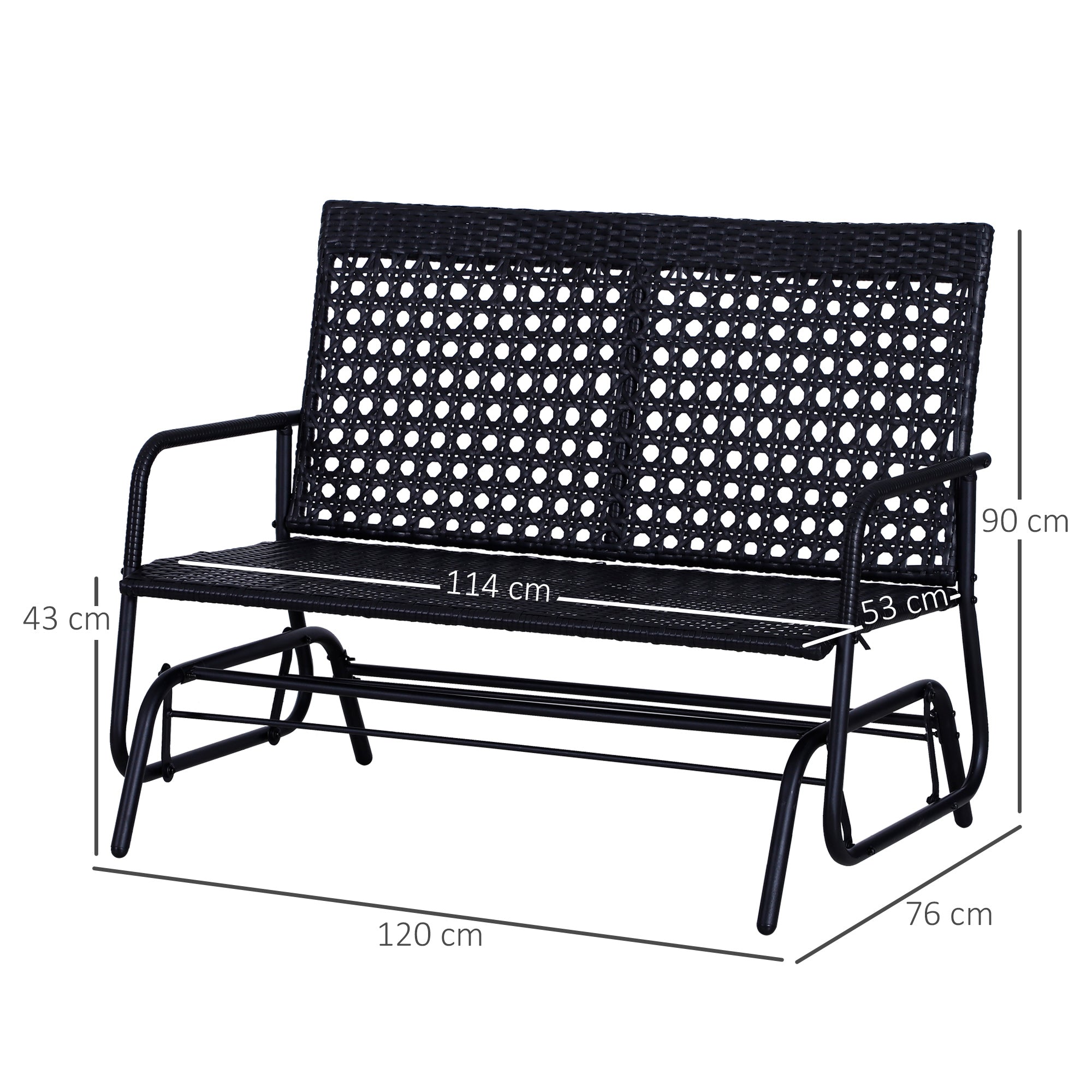 Outsunny 2 Seater PE Rattan Glider Bench, Outdoor Loveseat Chair with Steel Frame, Porch Rocking Glider for 2 Person with Armchair, High Back, Black 