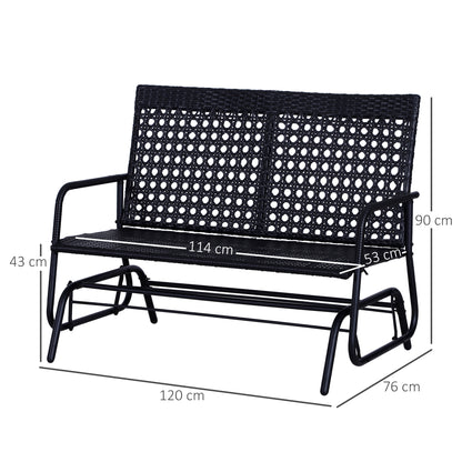 Outsunny 2 Seater PE Rattan Glider Bench, Outdoor Loveseat Chair with Steel Frame, Porch Rocking Glider for 2 Person with Armchair, High Back, Black 