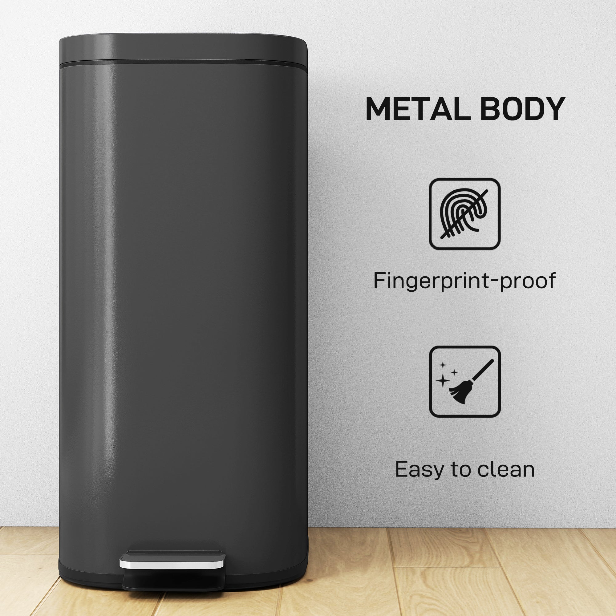 HOMCOM 30L Kitchen Bin, Compact Pedal Bin with Soft-Close and Stay-Open Lid, Removable Bucket for Kitchen, Home, Office, Black 