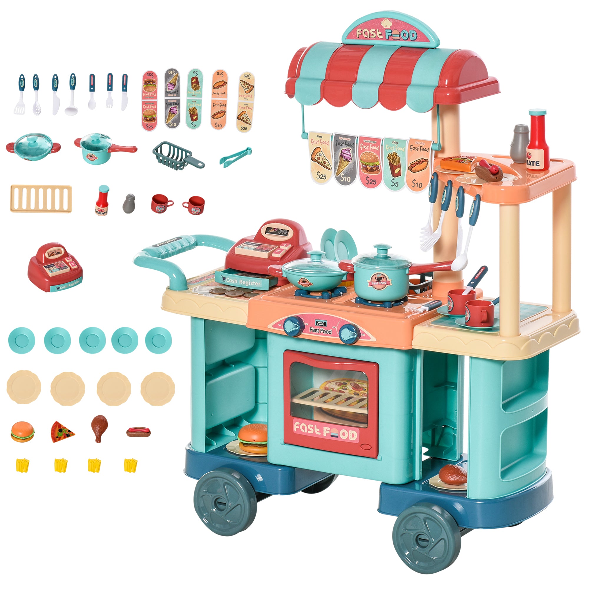 HOMCOM 50 Pcs Kids Kitchen Play set Fast Food Trolley Cart Pretend Playset Toys with Play Food Cashier Register Accessories Gift for Boys Girls Age 3-6 