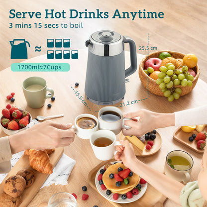 HOMCOM Electric Stainless Steel Kettle and Toaster Set, 3000W 1.7L UK Strix Thermostat Fast Boil Kettle w/ Limescale Filter, Cool Touch Body, 4 Slice Toaster with 7 Browning Levels, Crumb Tray, Grey