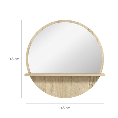 kleankin 45cm Round Home Mirror, with Shelf - Natural Wood Effect 