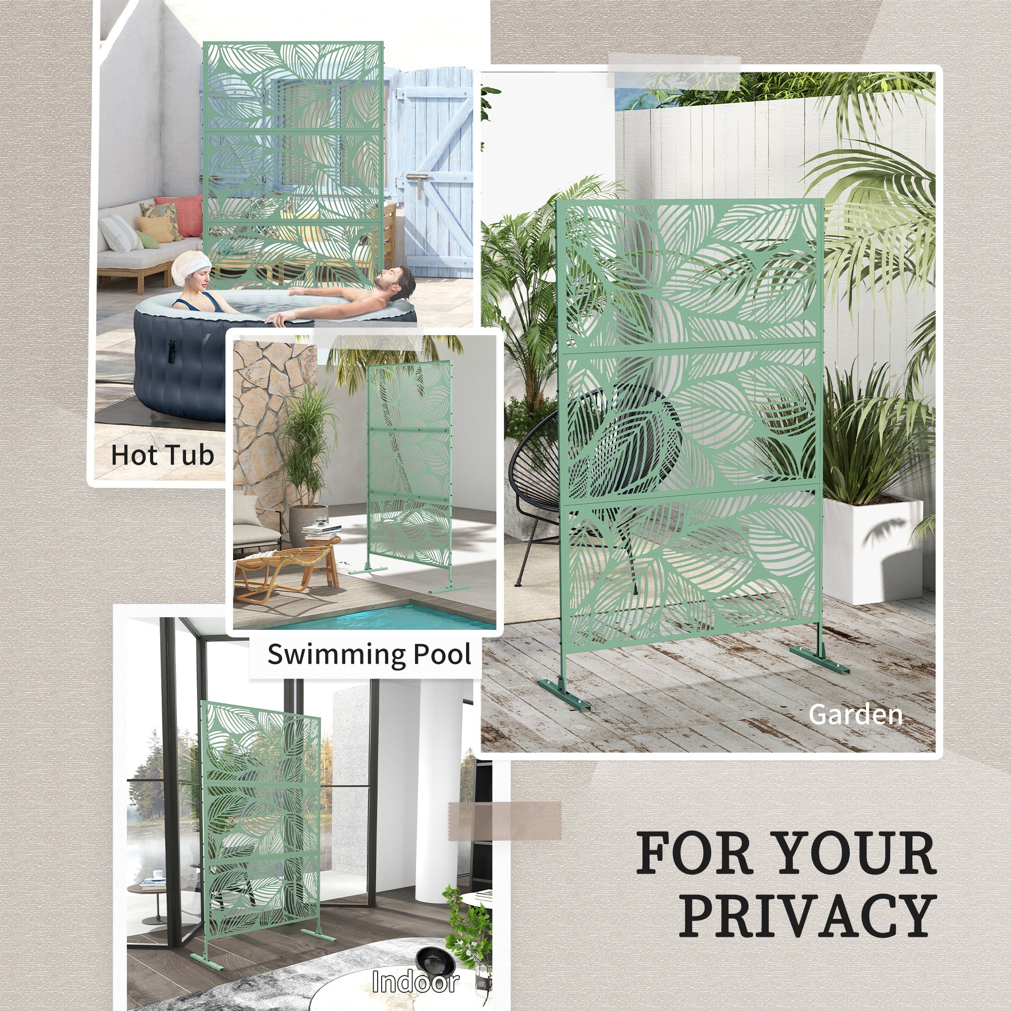 Outsunny Metal Decorative Privacy Screen Outdoor Divider, Green Leaf 