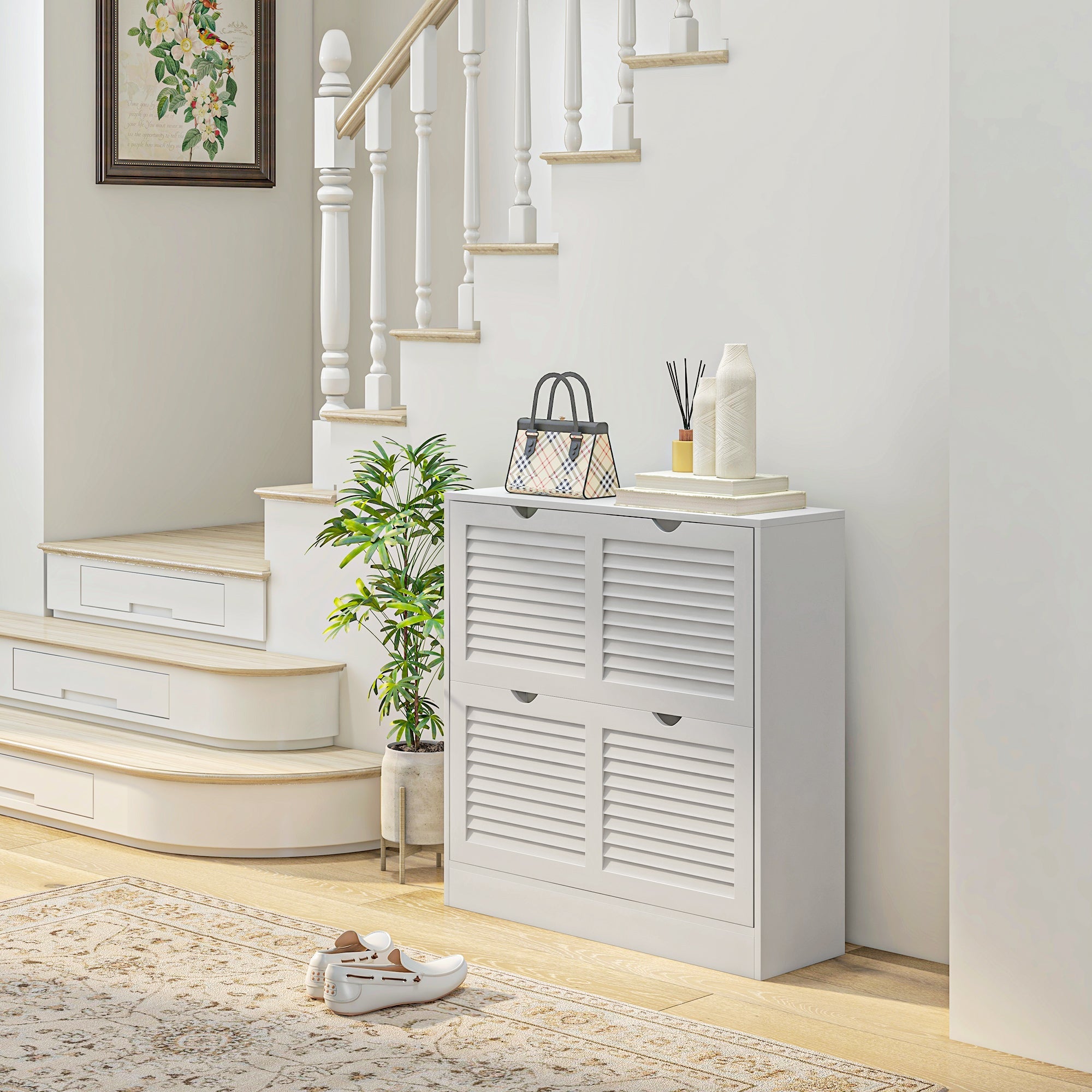 HOMCOM 2 Drawers Entryway Shoe Cabinet, Narrow Shoe Storage Cabinet with 2 Flip Drawers, Louvred Door Design and Adjustable Shelves for 16 Pairs of Shoes, White 