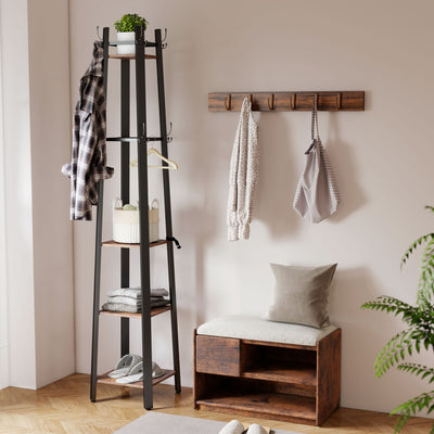 HOMCOM Industrial-Style Four Shelf Coat Stand - Brown/Black 