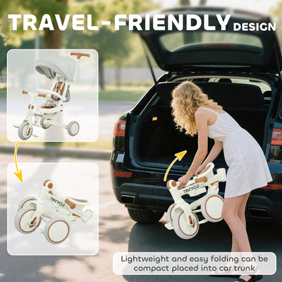 AIYAPLAY 5 in 1 Kids Trike with Adjustable Backrest, Toddler Tricycle with Push Handlebar, Adjustable Backrest, Cream White 