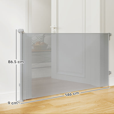 PawHut Retractable Stair Gate Extends Up to 140 cm Wide, Dog Gate for Doorways, Stairways, Hallways, Grey 