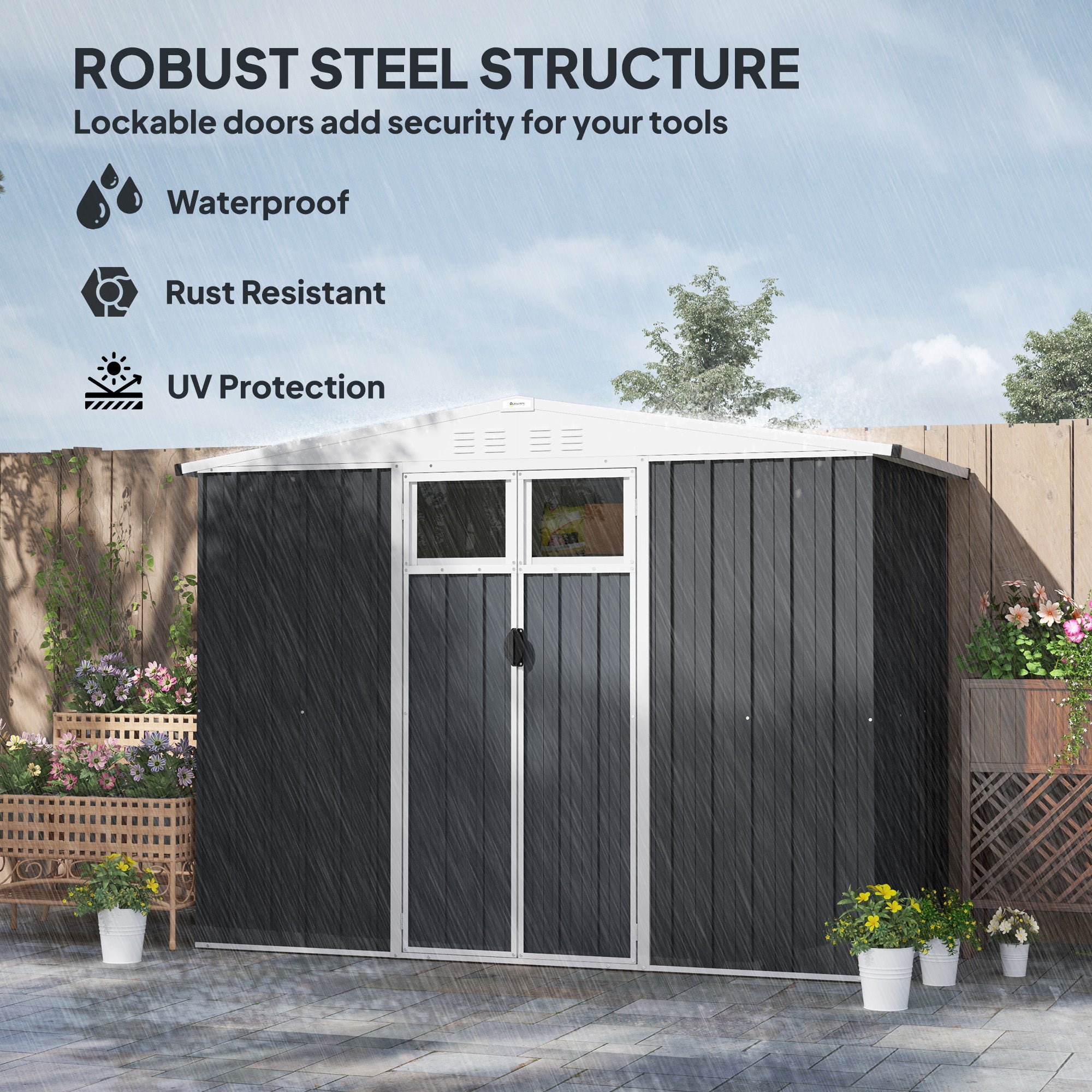 Outsunny 8 x 4 ft Metal Garden Shed, Garden Storage Shed with Window, 4 Vents and Lockable Door, Waterproof Galvanised Steel Tool Storage Shed, Dark Grey 