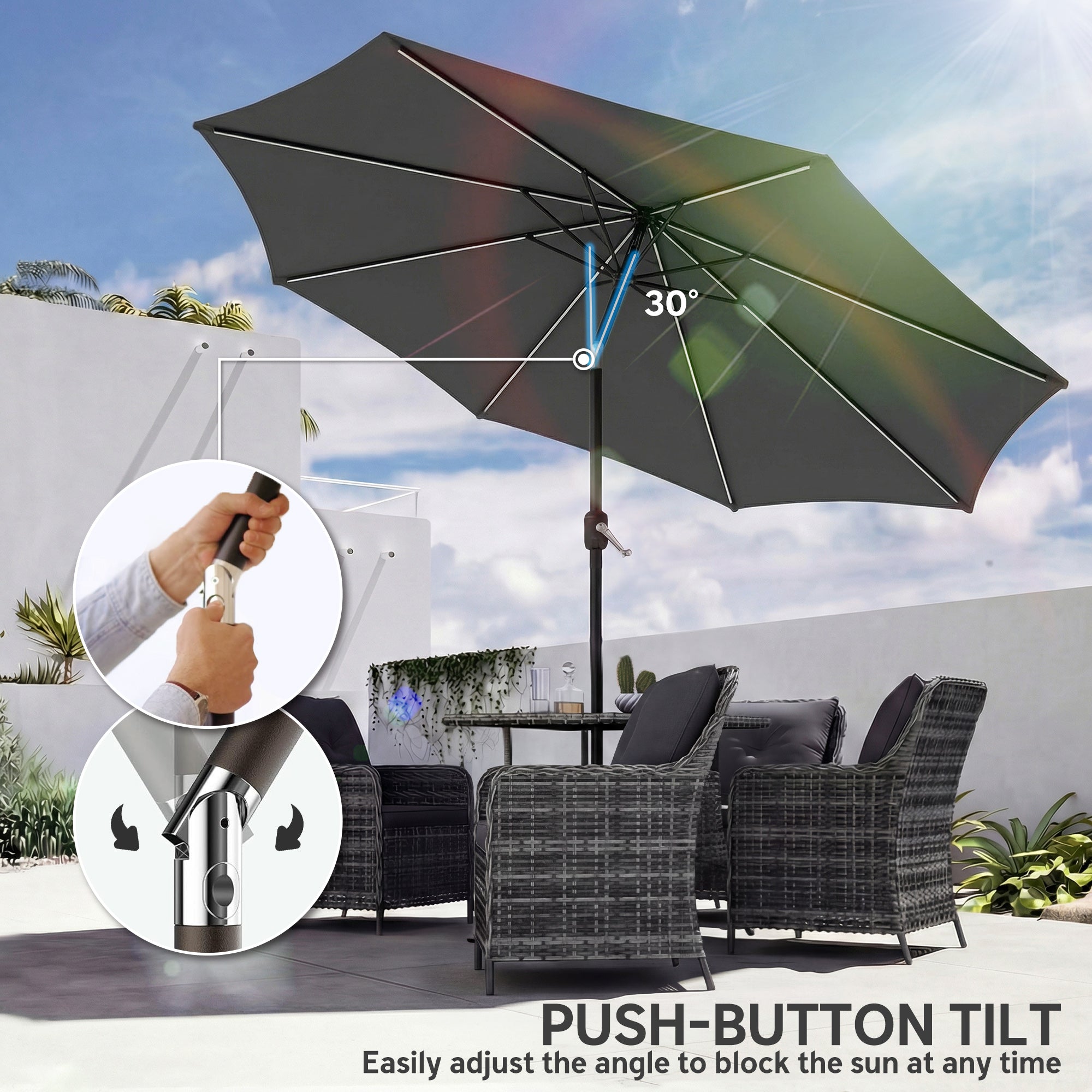 Outsunny 3 m Garden Parasol Umbrella with 112 Solar Powered LED Lights, Patio Umbrella with Crank Handle, Grey 