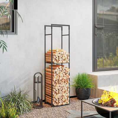 Outsunny Metal Firewood Log Holder, Heavy Duty Firewood Rack with Adjustable Shelf, Indoor Outdoor Fireplace Wood Storage Shelf, 45 x 31 x 170 cm, Black 