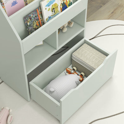 HOMCOM Kids Bookshelf, Toy Organiser, with Storage Drawer, Wheels - Green 