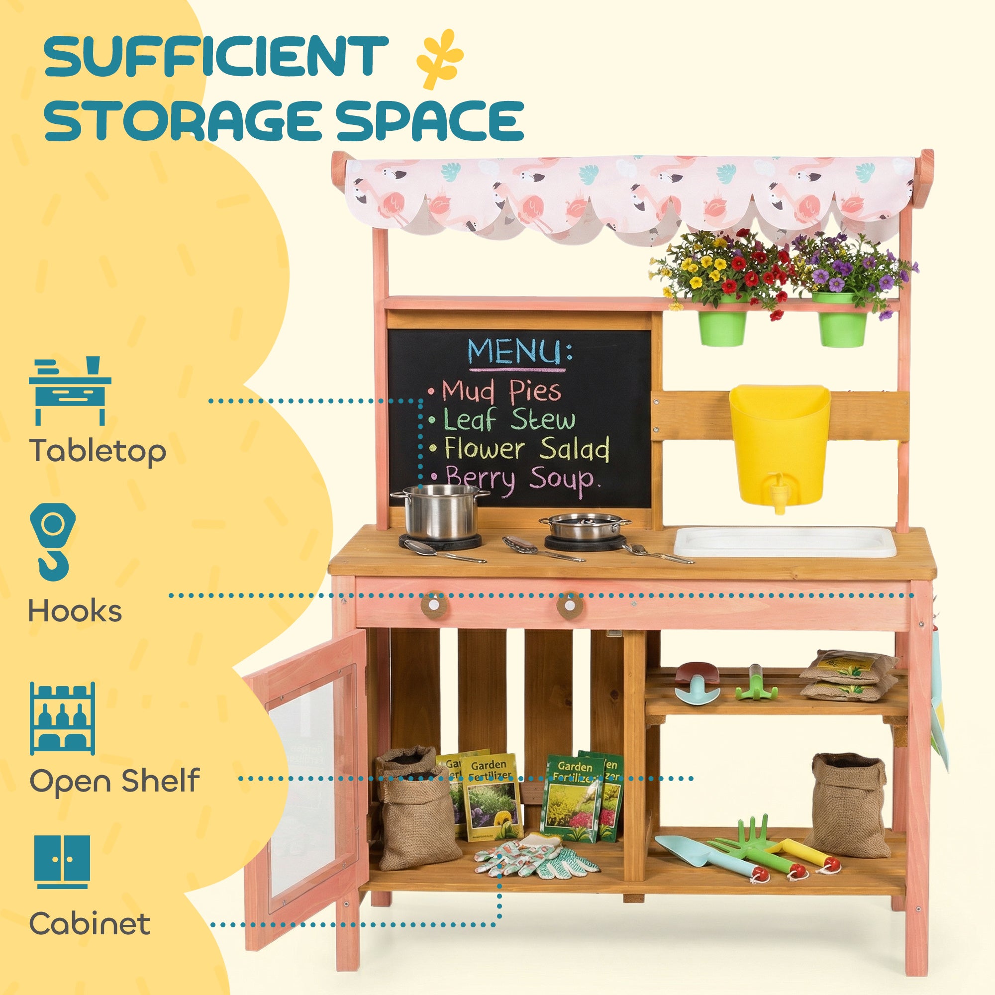 AIYAPLAY Kids Mud Kitchen with Canopy, Outdoor Wooden Play Kitchen with Planter Box, Accessories for Age 3-6, Pink 