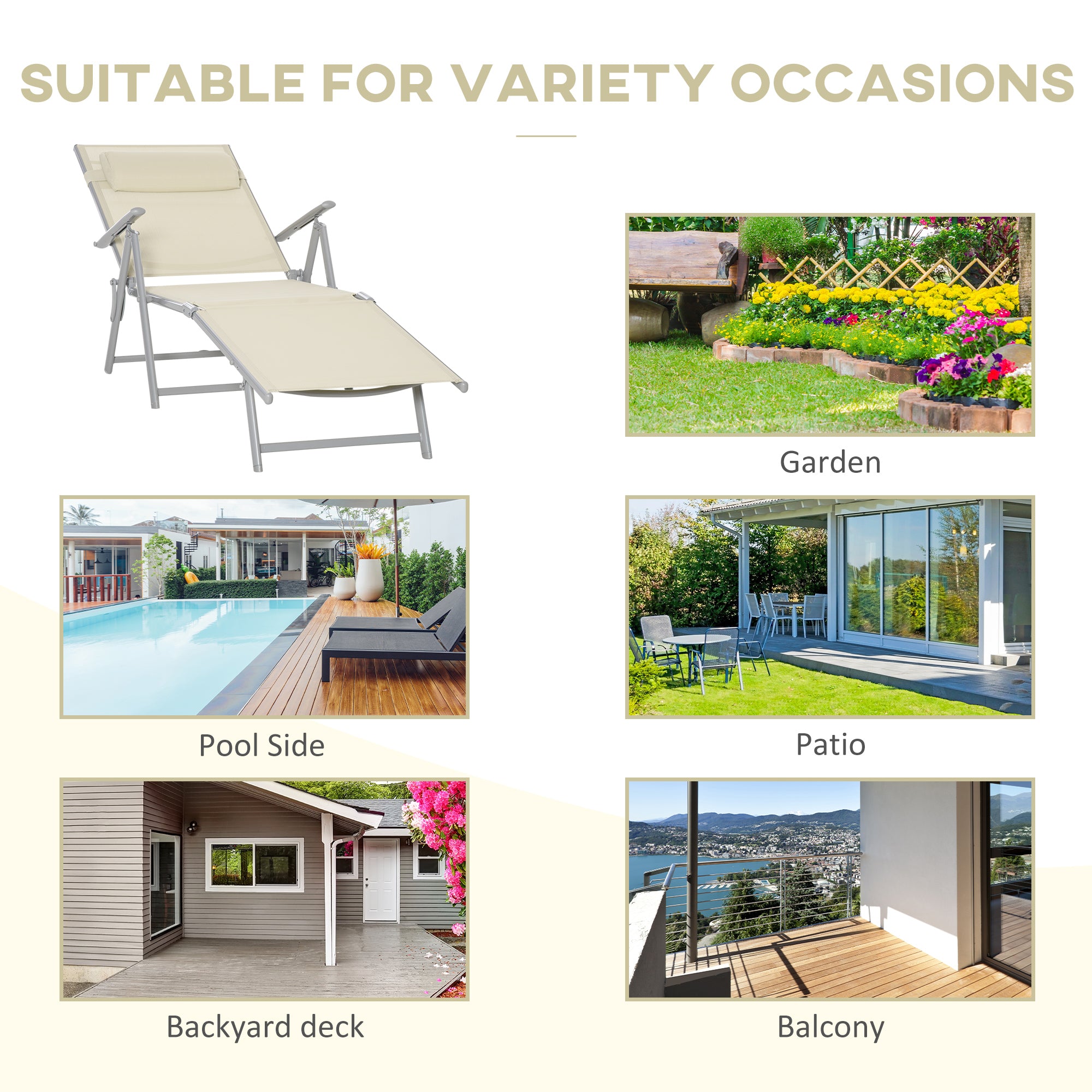 Outsunny Steel Fabric Sun Lounger Outdoor Folding Chaise Lounge Chair Recliner with Portable Design & 7 Adjustable Backrest Positions - Beige