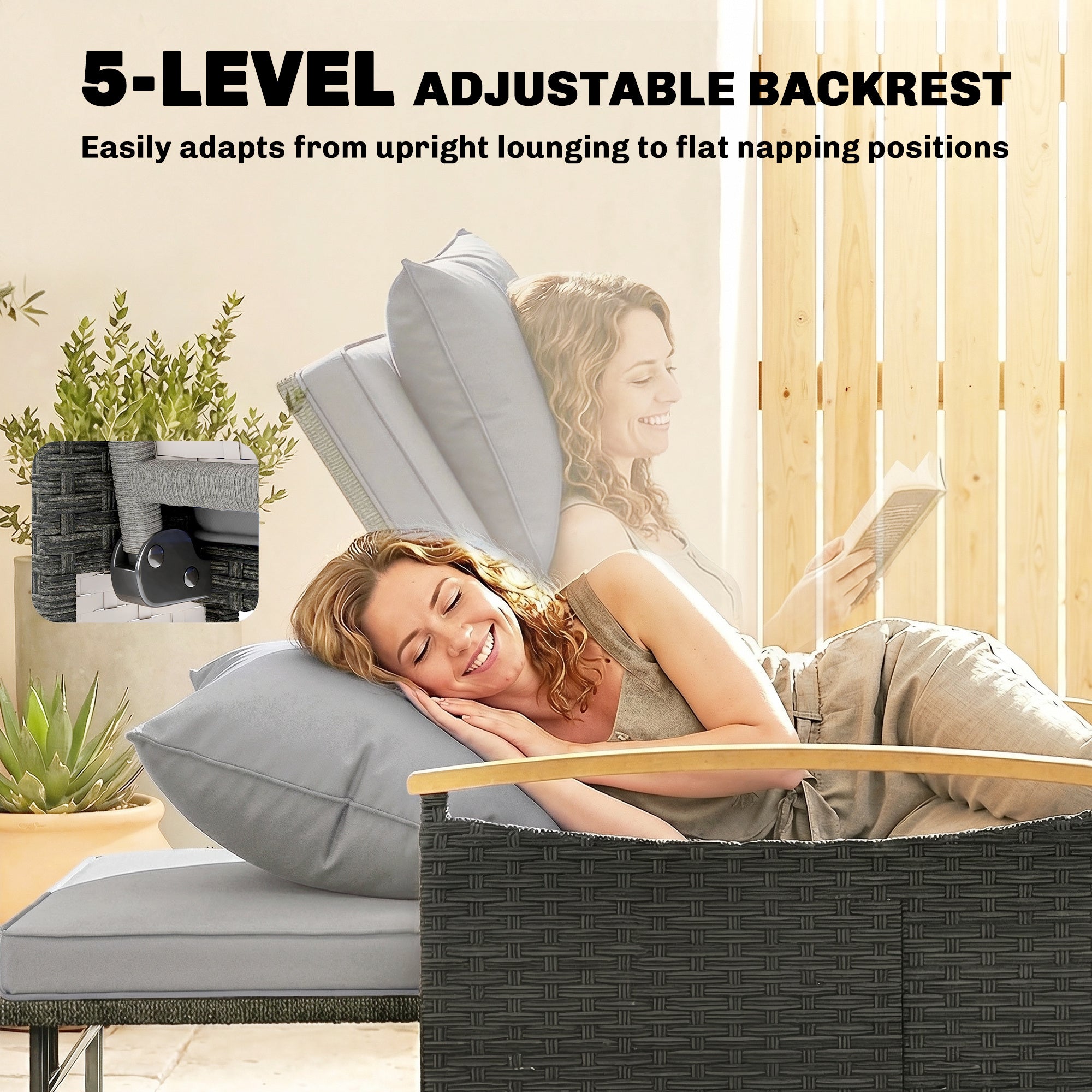Outsunny Double Garden Rattan Daybed, Wicker Sun Bed Chaise Lounger with Storage Ottoman, 4-Level Adjustable Backrest, Dark Grey 