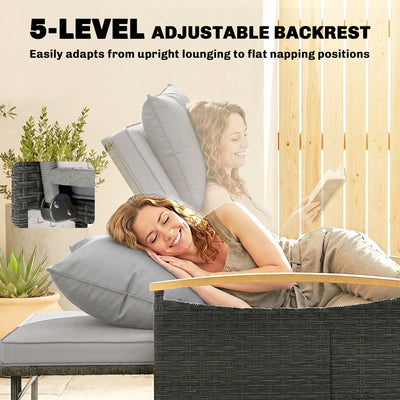 Outsunny Double Garden Rattan Daybed, Wicker Sun Bed Chaise Lounger with Storage Ottoman, 4-Level Adjustable Backrest, Dark Grey 