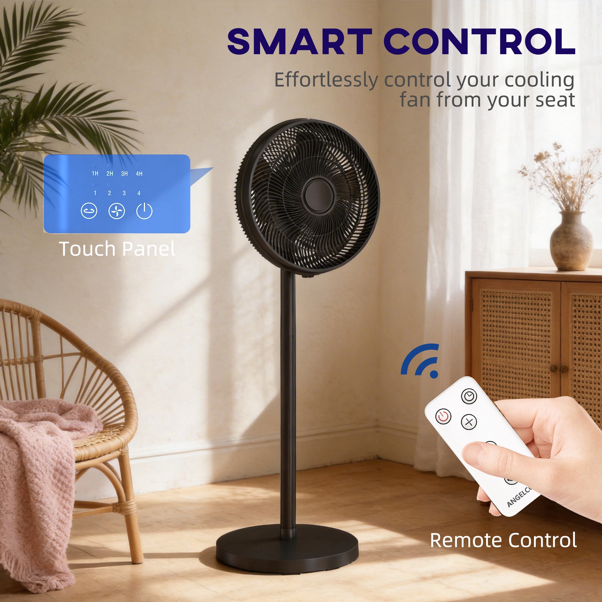 HOMCOM 40 cm Standing Fan, Cooling Floor Fan with 80° Oscillating, Adjustable Tilt and Height, 4 Speed, Remote Control, Black 