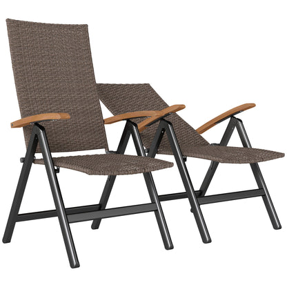 Outsunny 2 Pieces Outdoor Foldable Dining Chair with Armrests, High Backrest, for Garden, Camping, Balcony, Brown 