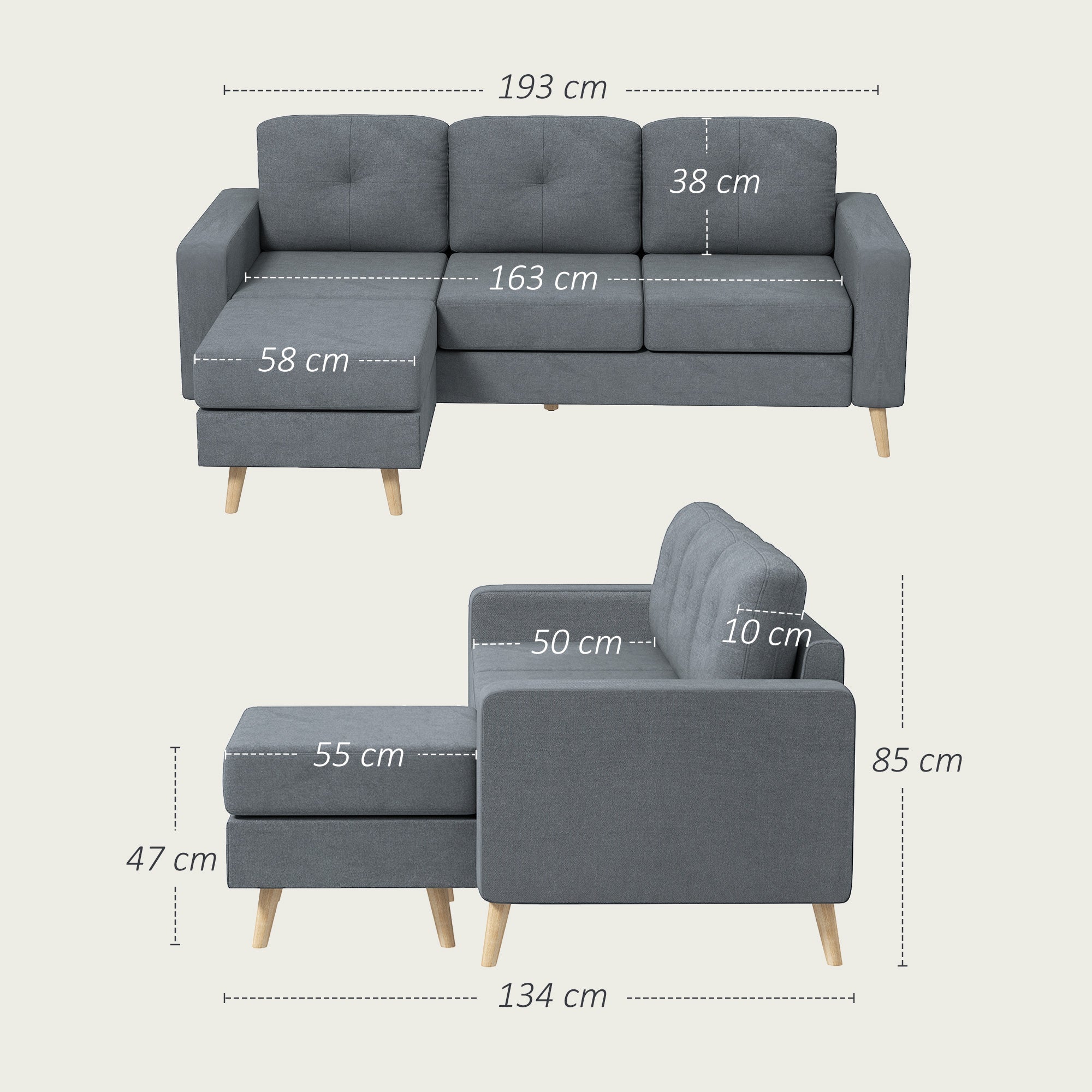 HOMCOM 3 Seater Sofa with Footstool, Fabric L-Shaped Sofa, Sectional Couch with Wood Legs, Tufting Cushioned Back for Small Space, Living Room, Office, Dark Grey 
