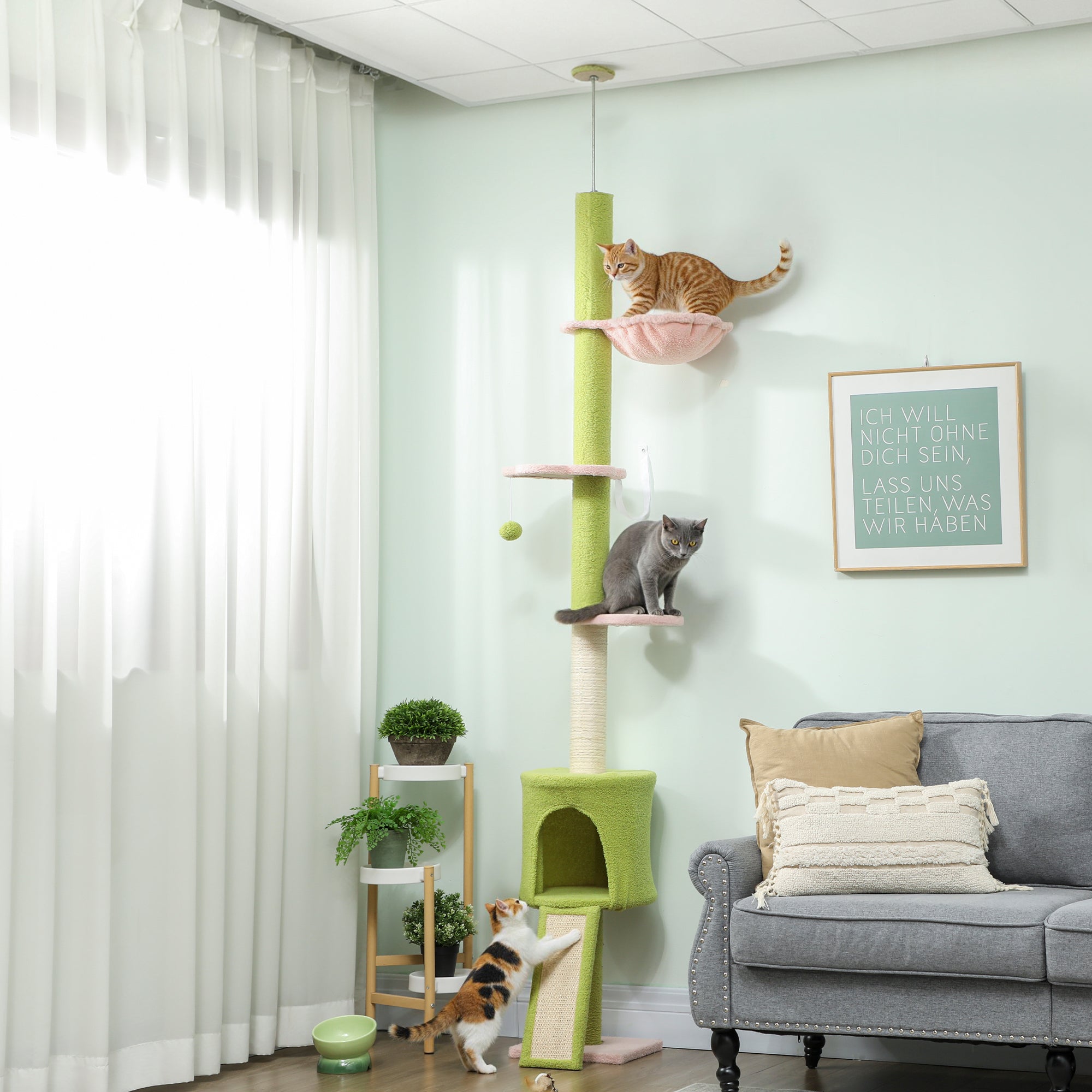 PawHut 220-240 cm Floor to Ceiling Cat Tree Adjustable Height with Hammock, Condo, Scratching Posts, Green 