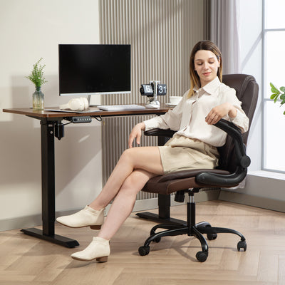 HOMCOM Faux Leather Office Chair. with Flip-Up Armrests - Brown 