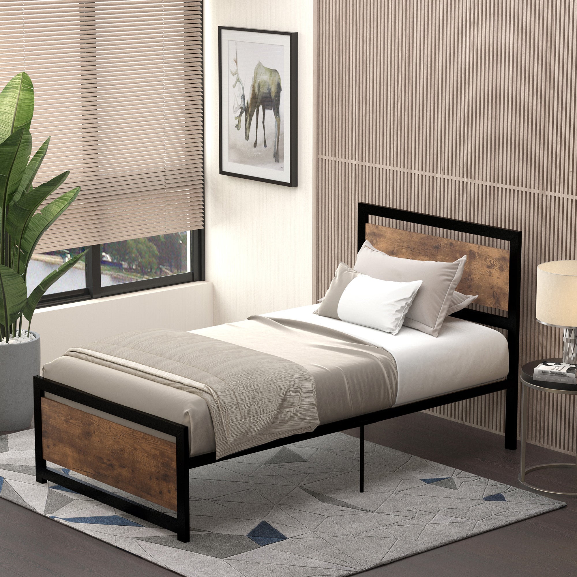HOMCOM Single Size Metal Bed Frame with Headboard & Footboard, Strong Slat Support Solid Bedstead Base w/ Underbed Storage Space, Bedroom Furniture For Adults 