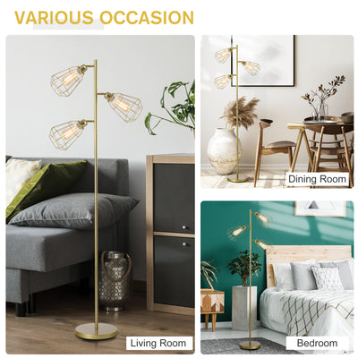 HOMCOM Retro Practical Tree Floor Lamp 3 Angle Adjustable Lampshade Steel Base for Living Room Bedroom Office Gold 165cm 