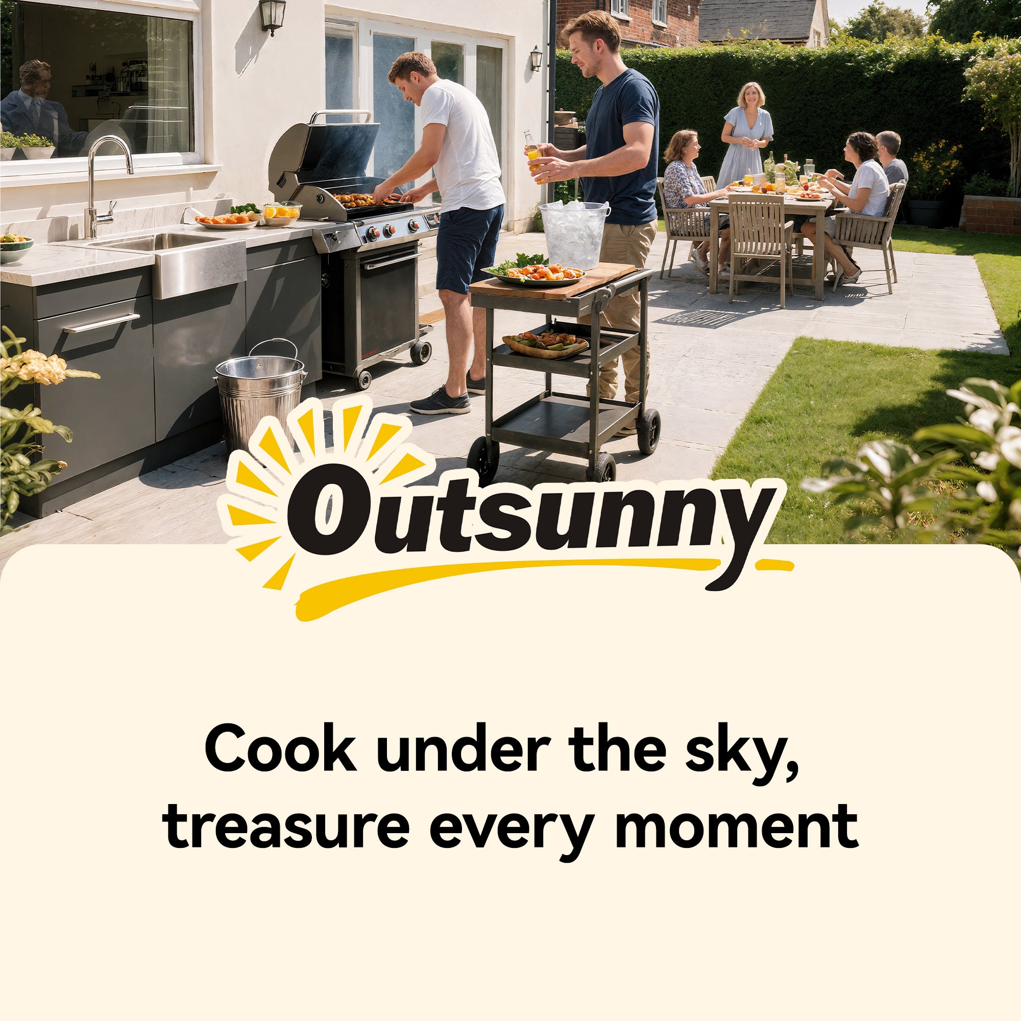Outsunny Outdoor Grill Cart with Stainless Steel Tabletop, 3-Tier Pizza Oven Stand with 2 Shelves, 6 Hooks, Wheels, Black 