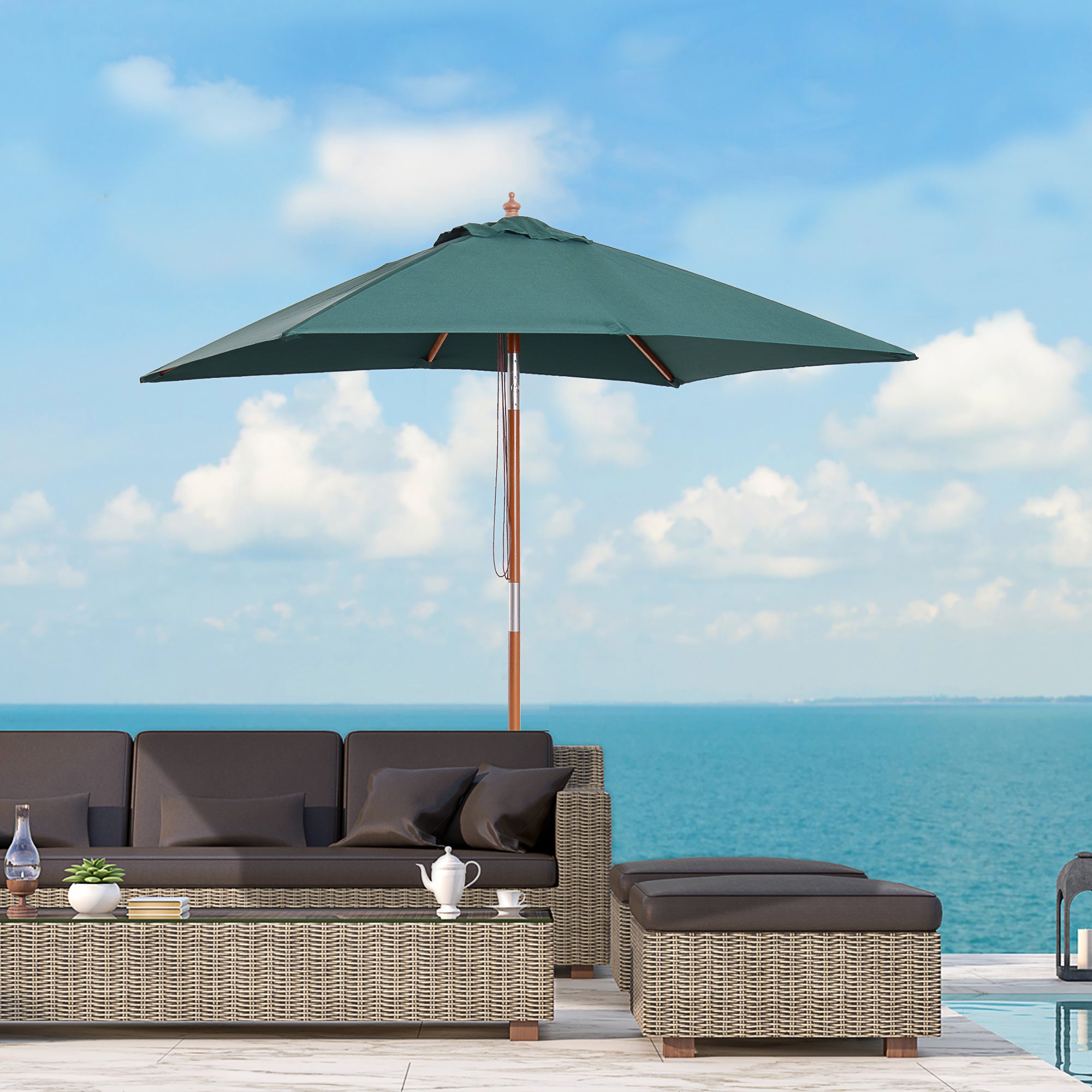 Outsunny 2m x 1.5m Garden Parasol Umbrella with Tilting Sunshade Canopy, Outdoor Market Table Umbrella with Wood and Bamboo Frame, Green 