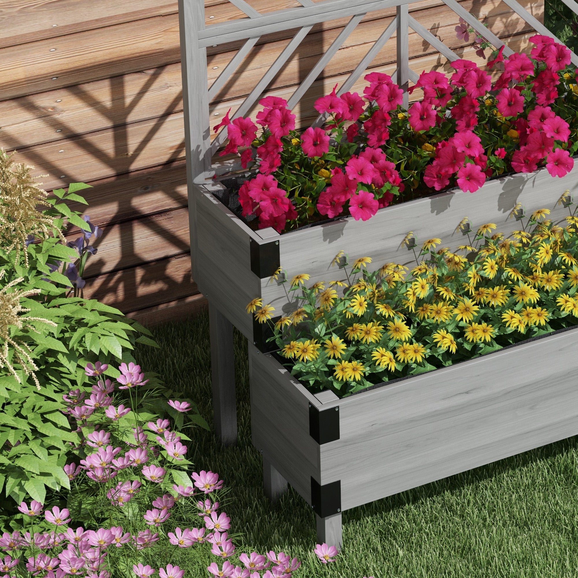 Outsunny Raised Garden Bed with Trellis, 2-Tier Wooden Elevated Planter Box  for Vegetables, Flowers, Herbs, Grey 