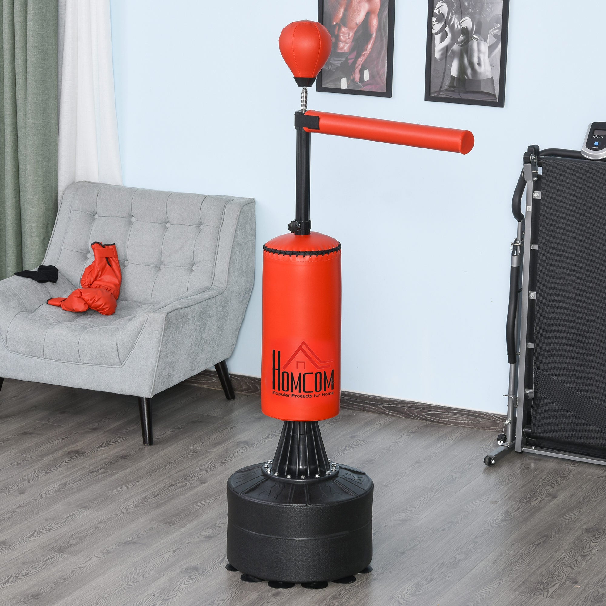 HOMCOM 155-205cm 3-IN-1 Freestanding Boxing Punching Bag Stand, Boxing Speed Trainer with Rotating Flexible Arm, Speed Ball, Fillable Base, Red 