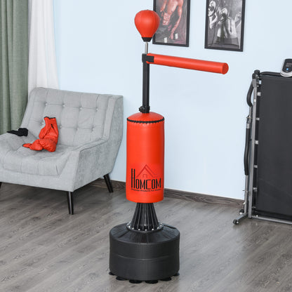 HOMCOM 155-205cm 3-IN-1 Freestanding Boxing Punching Bag Stand, Boxing Speed Trainer with Rotating Flexible Arm, Speed Ball, Fillable Base, Red 